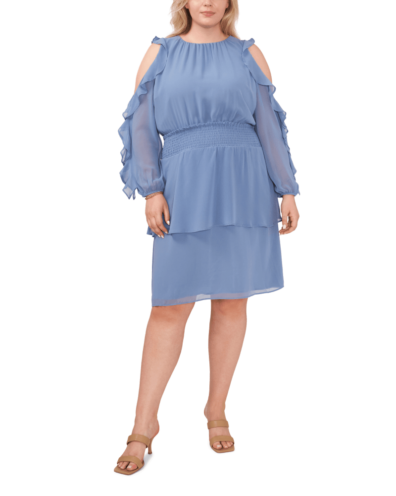 Front of a model wearing a size 0X Elsa Cold Shoulder Top in PORCELIN BLUE by 1.State. | dia_product_style_image_id:262393